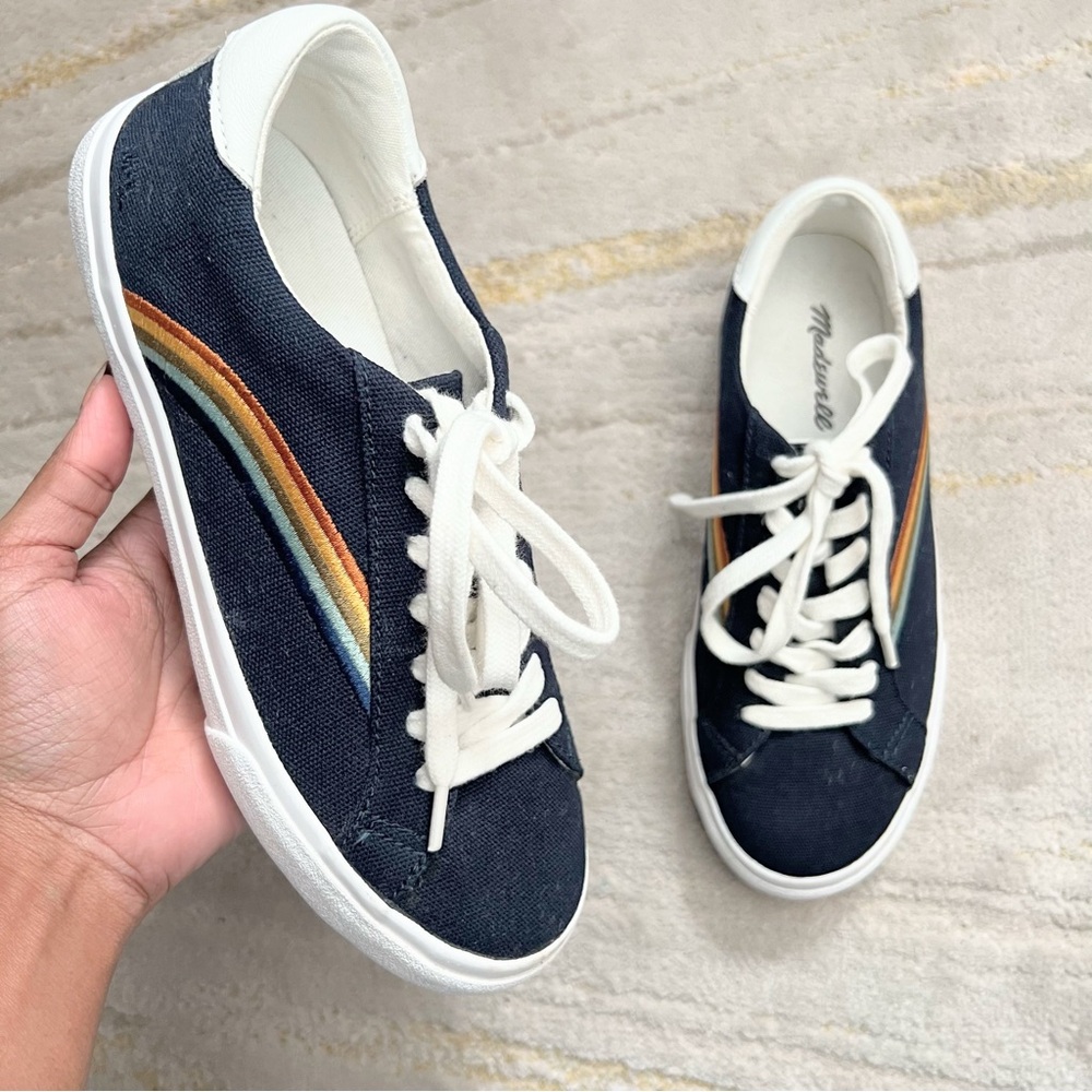 Madewell Low Top Sneakers in Deep Navy Rainbow Embroidered Canvas Size 6